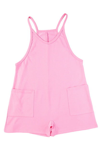 Pink Spaghetti Straps V Neck Pocketed Romper