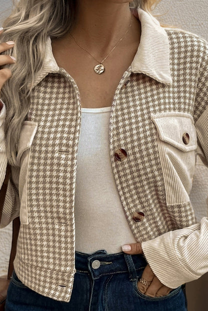 Khaki Houndstooth Patch Pocket Cropped Jacket