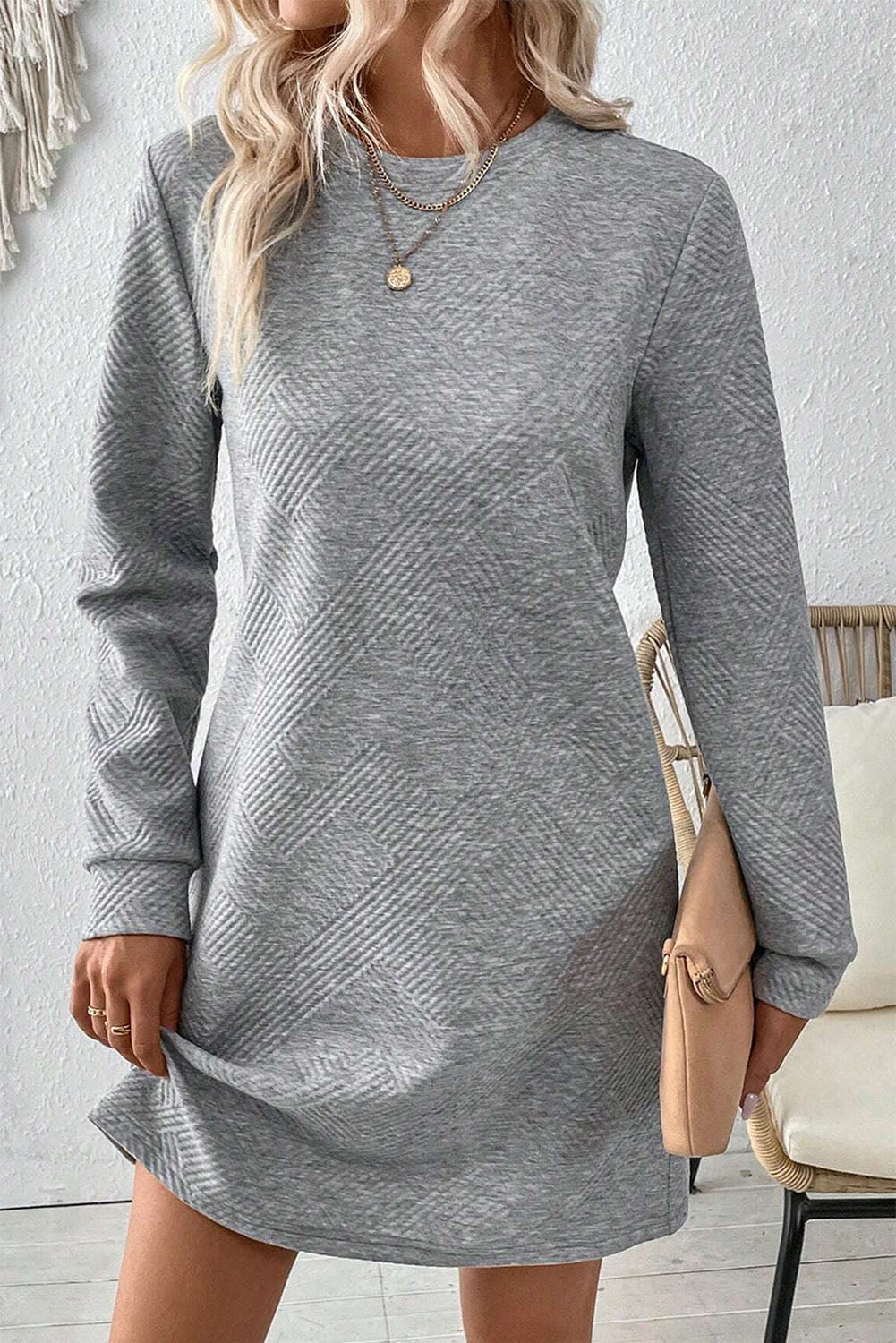 Black Plain Textured Long Sleeve Shift Short Dress