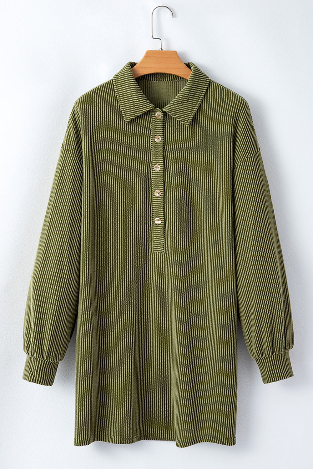 Moss Green Corded Buttons Placket Collared Shift Dress