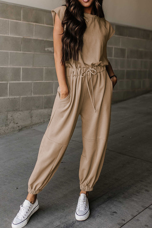 Light Beige Cap Sleeve Backless Drawstring Jogger Jumpsuit