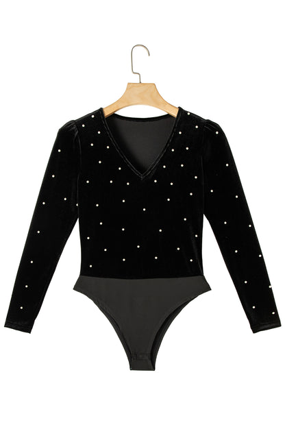 Black Velvet Beaded Long Sleeve V Neck Bodysuit