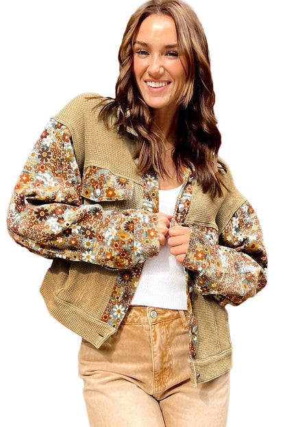 Khaki Waffle Knit Floral Print Patchwork Button Up Jacket