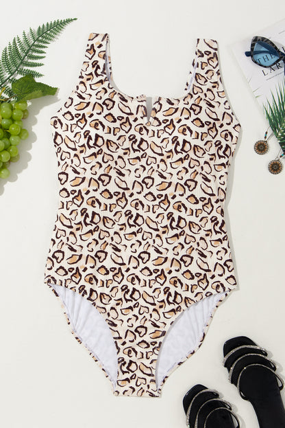 Khaki Leopard Print Notched Neck Backless One Piece Swimsuit