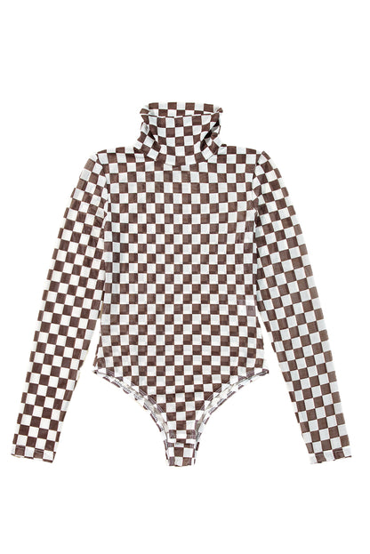 Black Checkered Print Long Sleeve Mock Neck Bodysuit