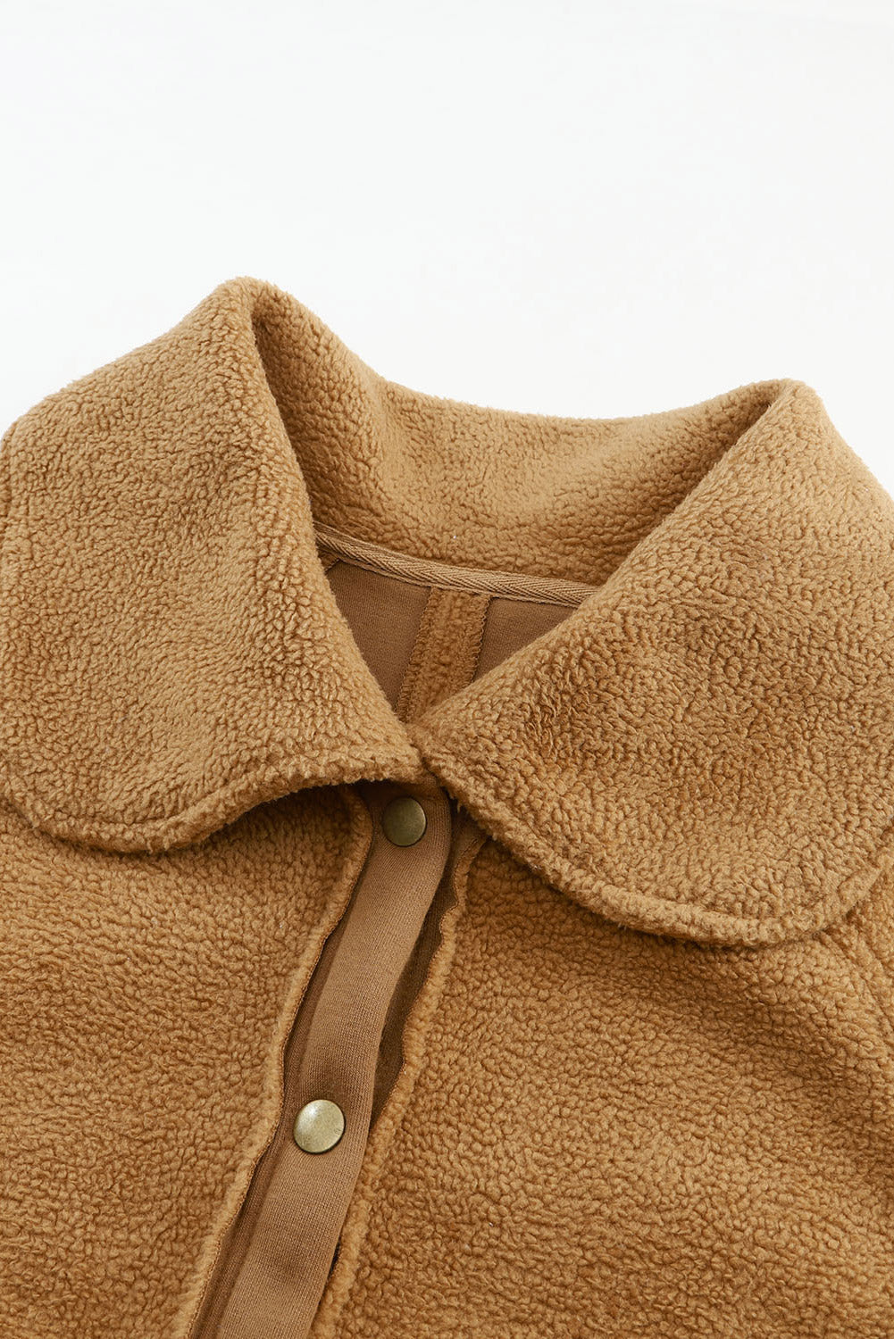 Brown Button Flap Pockets Collared Fleece Jacket