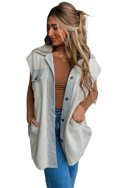 Light Grey Flap Pocket Button Front Patchwork Jacket Vest