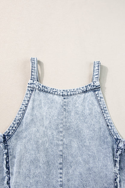 Blue Light Wash Frayed Exposed Seam Wide Leg Denim Overalls