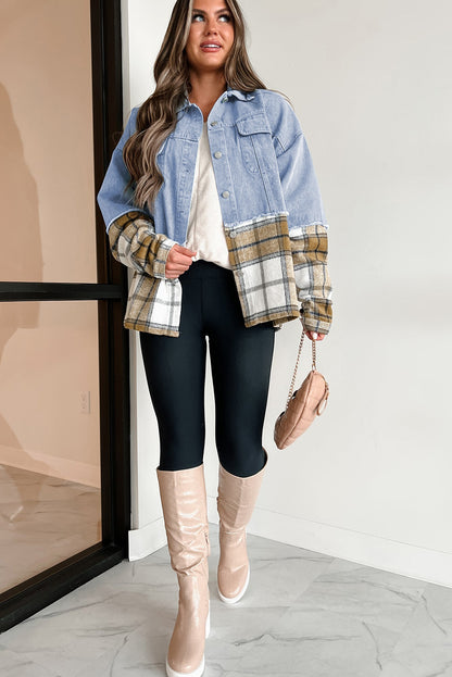 Khaki Plaid Patchwork Buttoned Denim Jacket