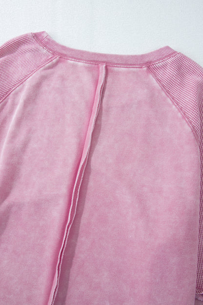 Pink Waffle Patchwork Raglan Sleeve Exposed Seam Sweatshirt