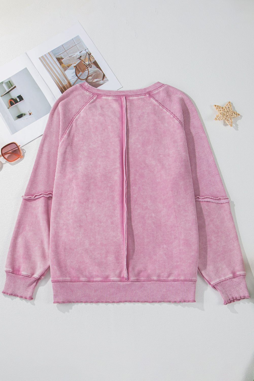 Pink Waffle Patchwork Raglan Sleeve Exposed Seam Sweatshirt