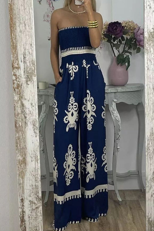 Blue Boho Print High Waist Wide Leg Jumpsuit