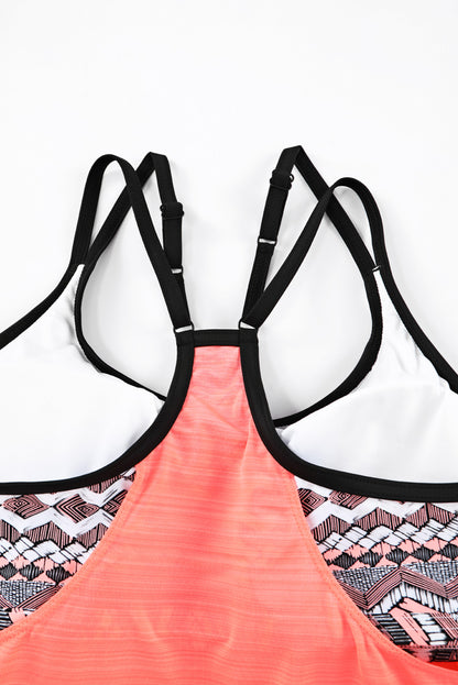 Pink Geometric Print Lined Racerback Tankini Swimsuit