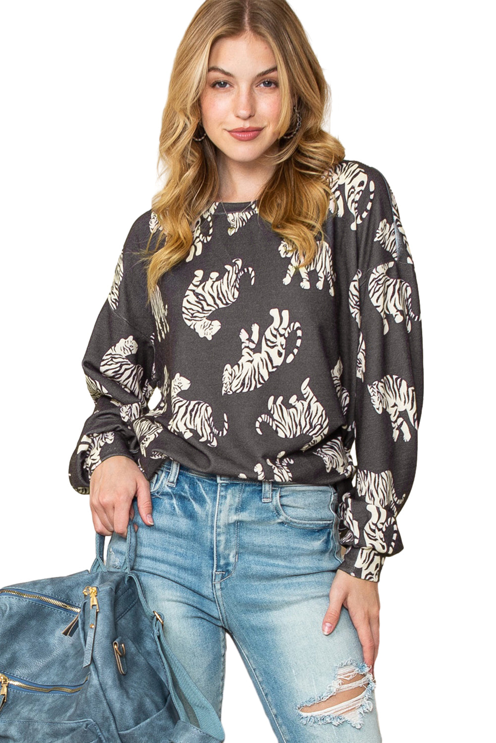 White Animal Print Drop Sleeve Pullover Sweatshirt