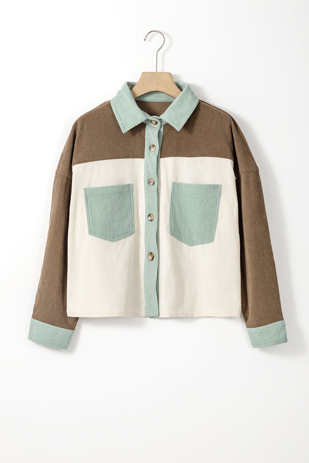 Green Color Block Button Up Cropped Corduroy Jacket