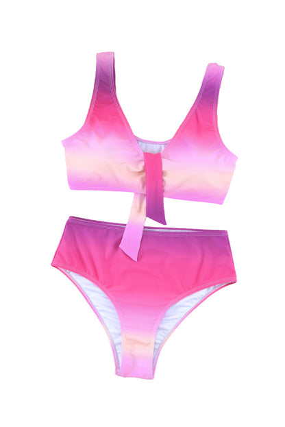 Purple Gradient Color Knotted V Neck Bikini Set