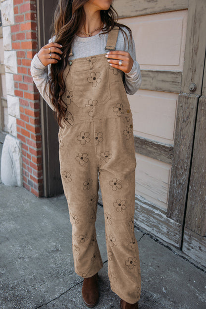 Khaki 60s Flower Print Corduroy Overalls