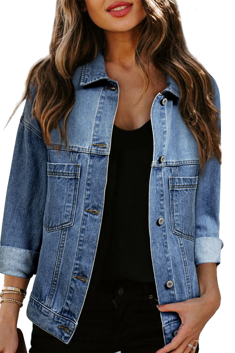 Dark Blue Washed Oversized Pocketed Denim Jacket