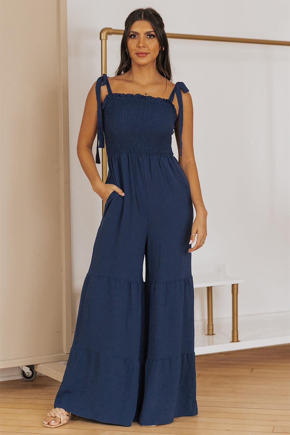 Dark Blue Tie Straps Shirred Casual Tiered Wide Leg Jumpsuit