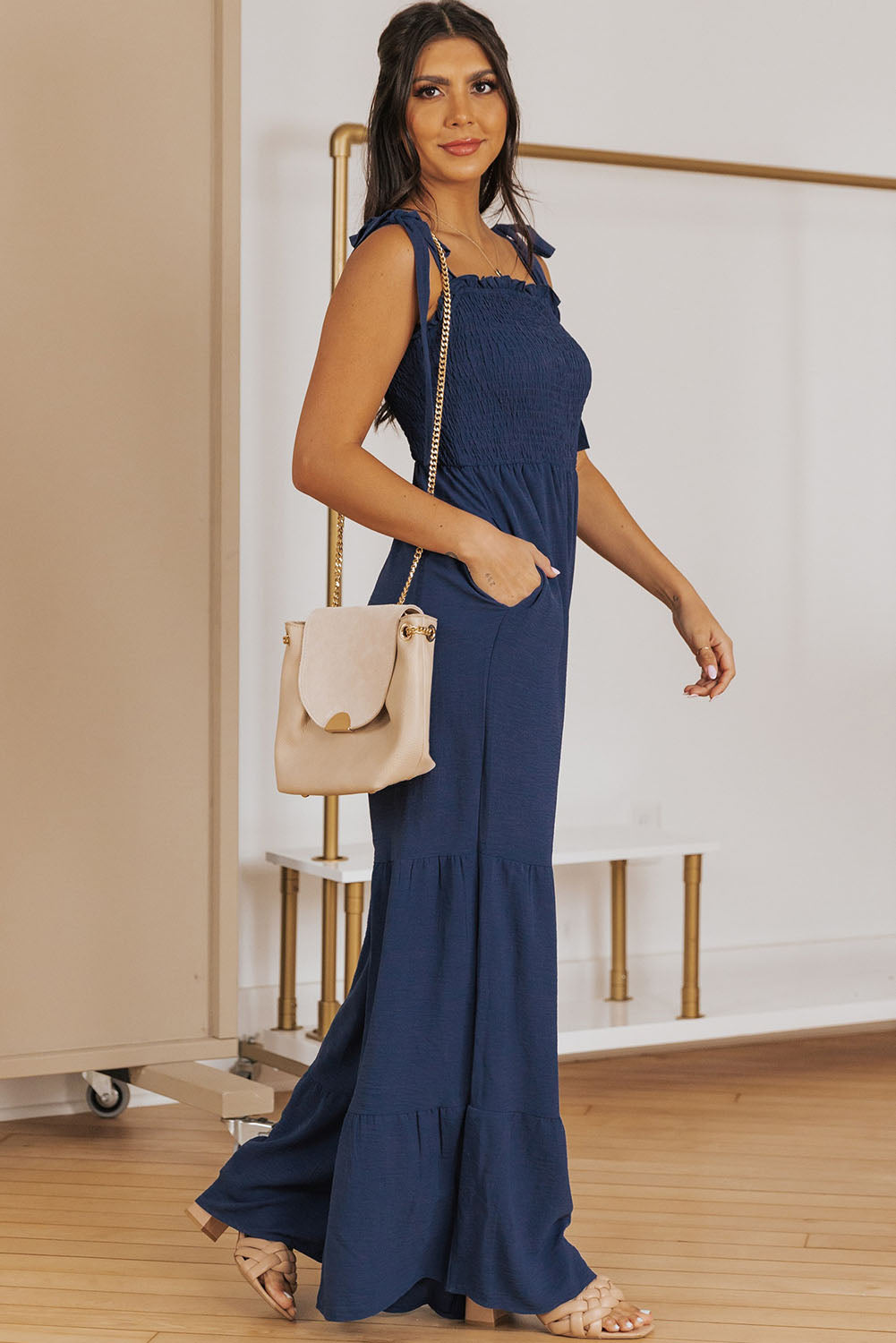 Dark Blue Tie Straps Shirred Casual Tiered Wide Leg Jumpsuit