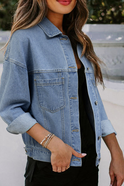 Dark Blue Washed Oversized Pocketed Denim Jacket