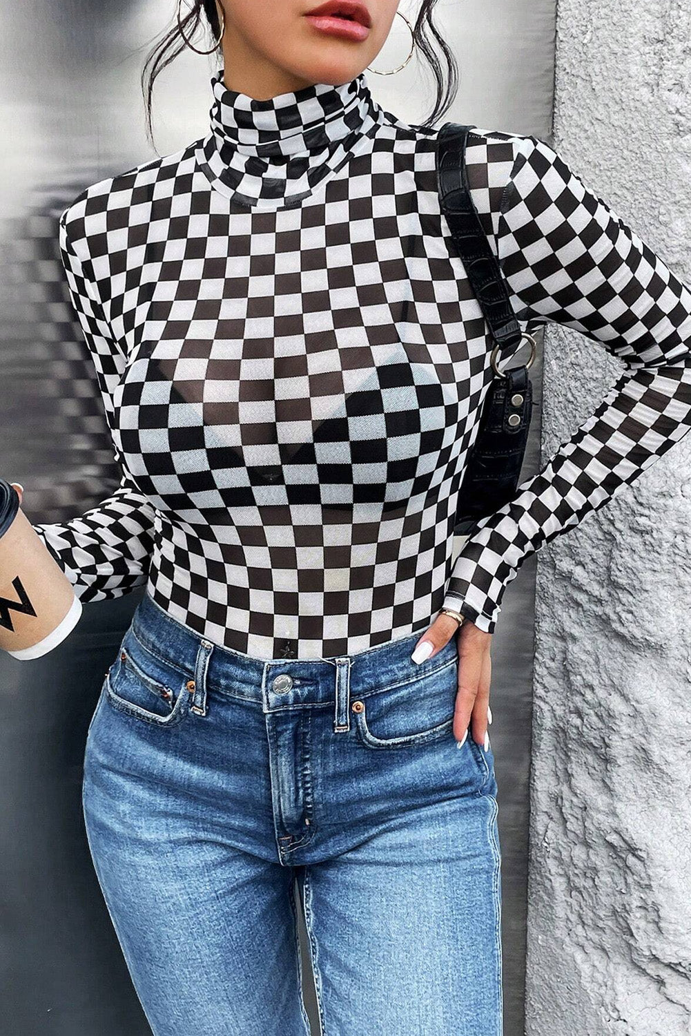 Black Checkered Print Long Sleeve Mock Neck Bodysuit