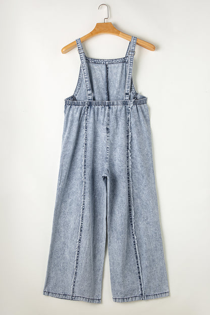 Blue Light Wash Frayed Exposed Seam Wide Leg Denim Overalls