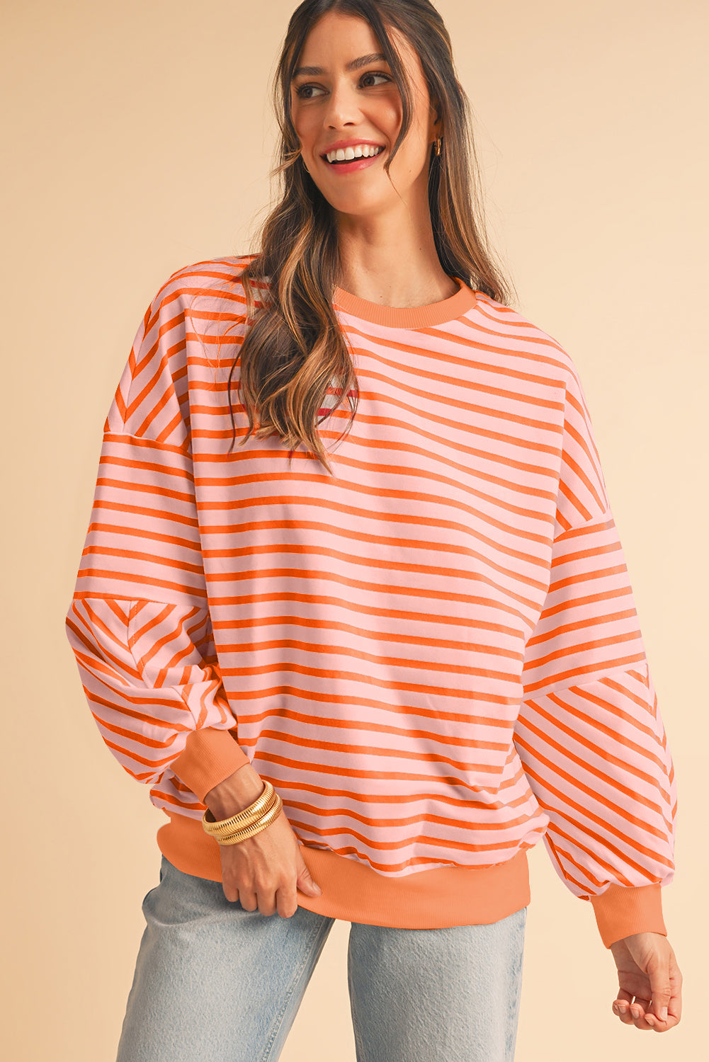 Russet Orange Drop Shoulder Crew Neck Loose Sweatshirt