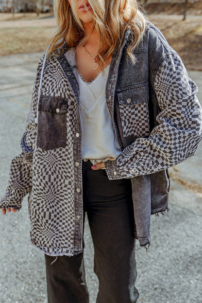 Gray Checked Patchwork Raw Hem Hooded Denim Jacket