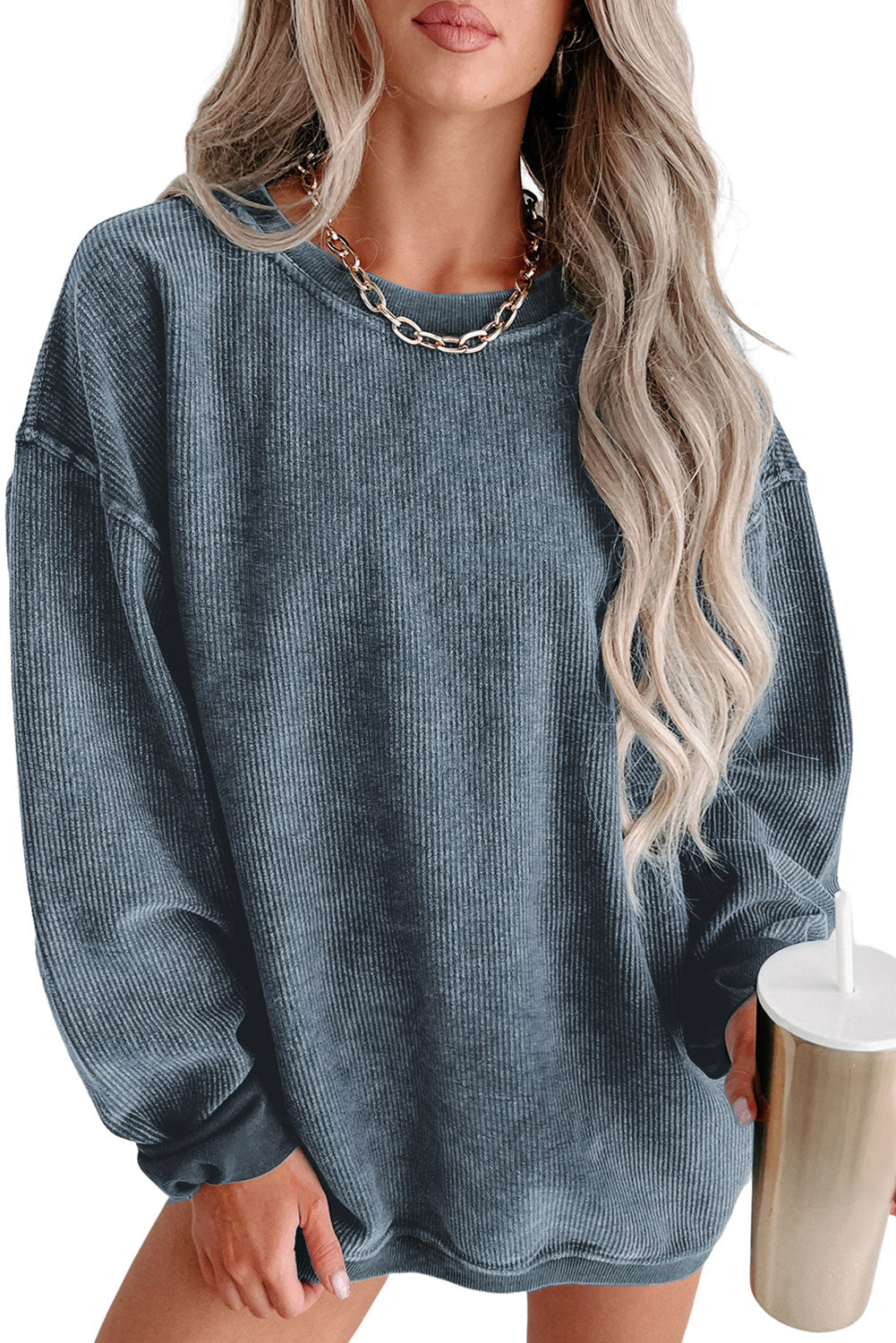 Pink Solid Ribbed Round Neck Pullover Sweatshirt