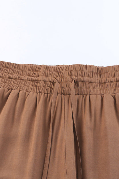 Brown Casual Drawstring Shirred Elastic Waist Wide Leg Pants