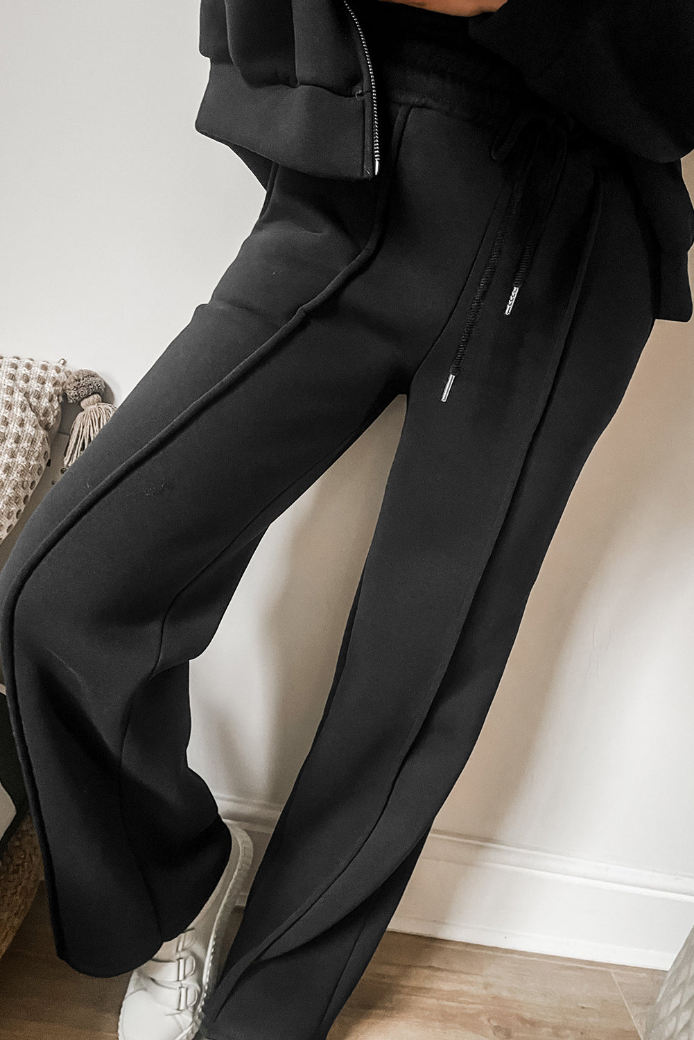 Black Seamed Zipper Jacket and Drawstring Waist Pants Set