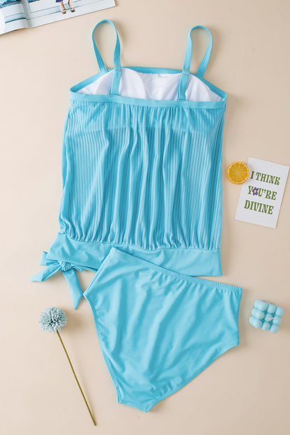 Turquoise Striped Mesh Top and Knotted Bottom Tankini Set