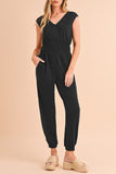 Black Shirred High Waist V Neck Sleeveless Jumpsuit