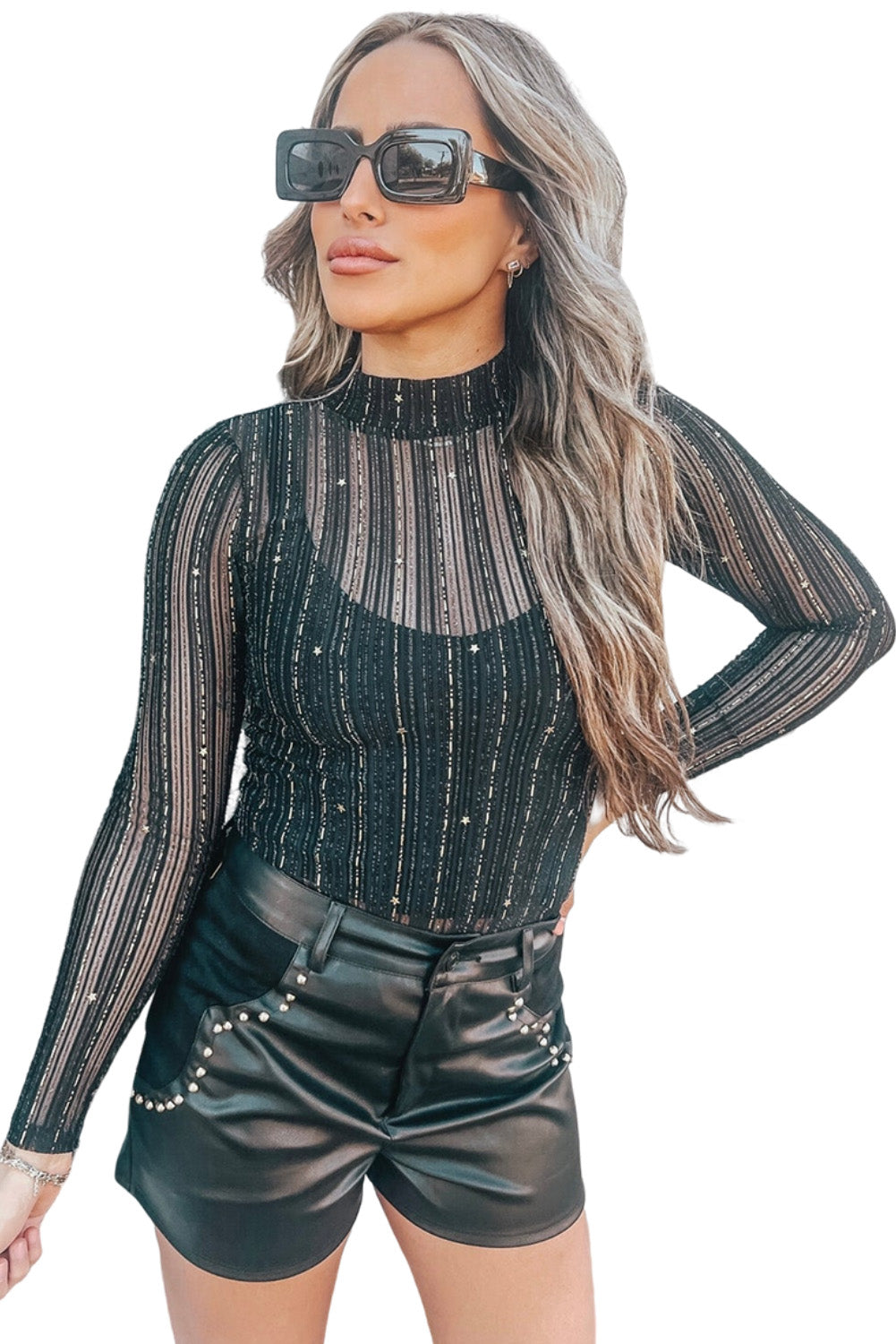 Black Star Mesh Mock Neck Long Sleeve Bodysuit