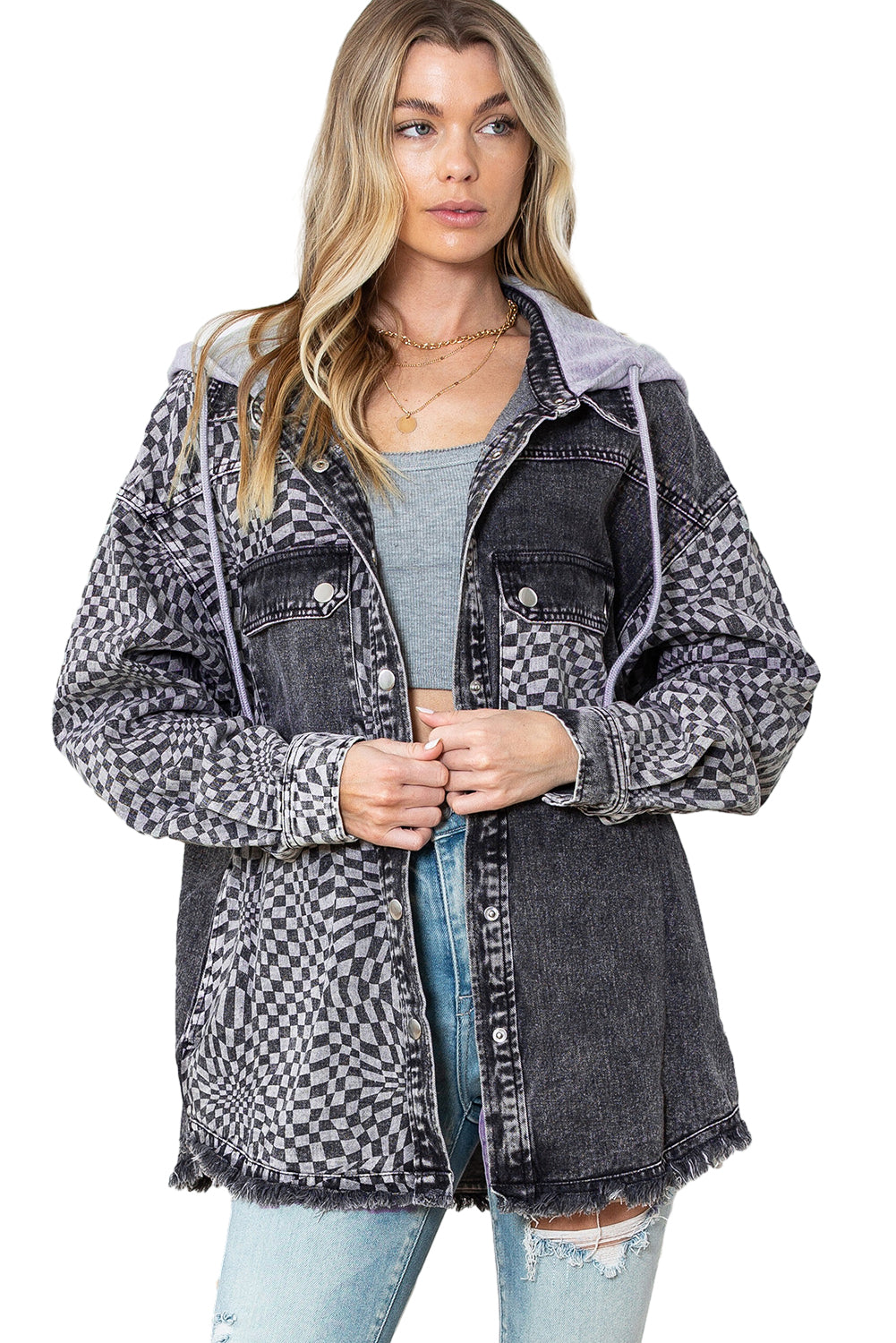 Gray Checked Patchwork Raw Hem Hooded Denim Jacket