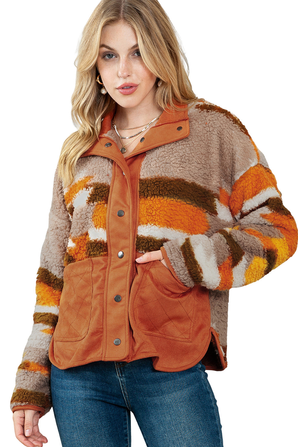 Brown Striped and Geometric Fleece Jacket with Quilted Patch Pockets