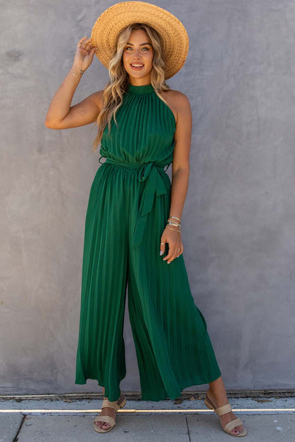 Green Elegant Halter Neck Belted Pleated Wide Leg Jumpsuit