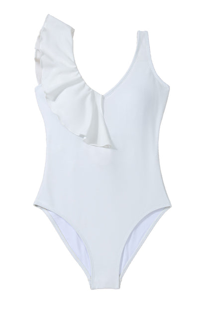 White Asymmetric Ruffle Trim Tie Waist One Piece Swimsuit