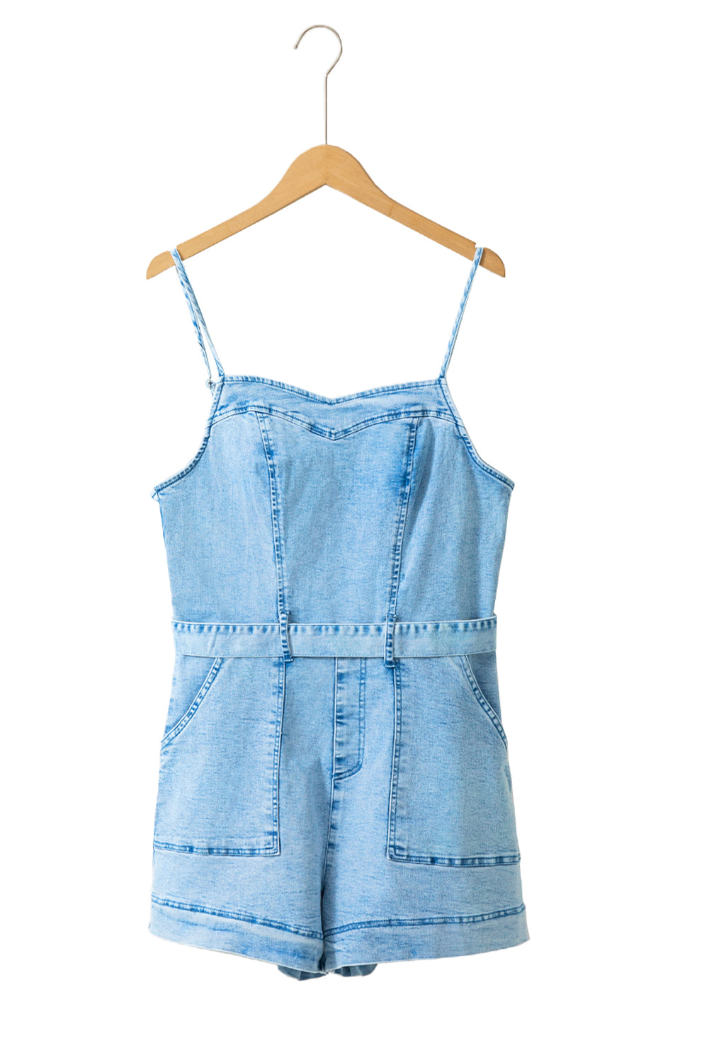 Beau Blue Spaghetti Straps Belted Denim Romper