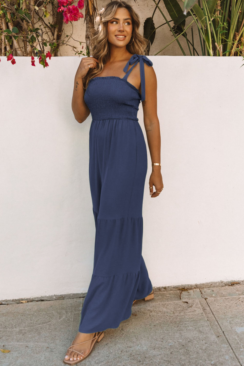 Dark Blue Tie Straps Shirred Casual Tiered Wide Leg Jumpsuit