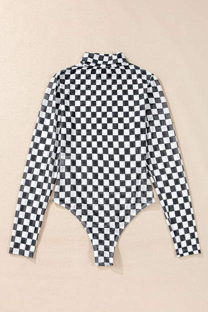 Black Checkered Print Long Sleeve Mock Neck Bodysuit