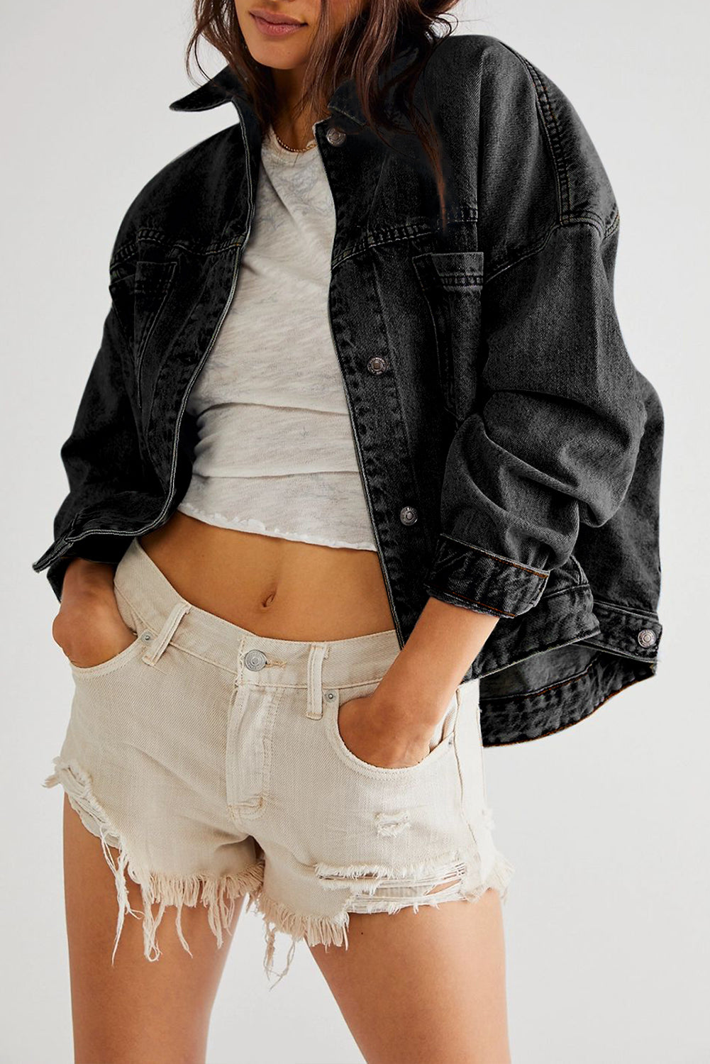 Dark Blue Washed Oversized Pocketed Denim Jacket