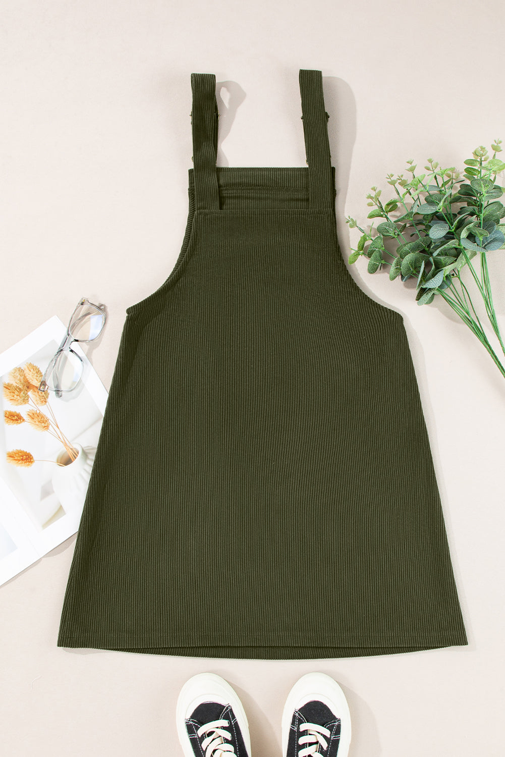 Black Plain Corduroy Pockets Overall Dress