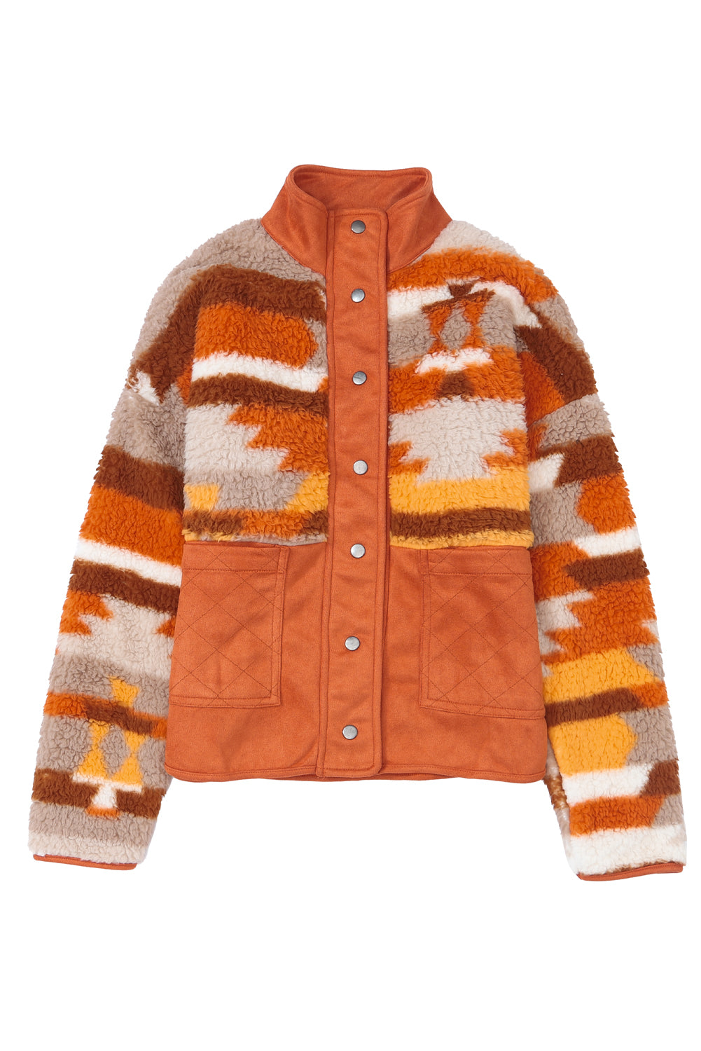 Brown Striped and Geometric Fleece Jacket with Quilted Patch Pockets