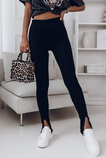 Black Casual Slit Rib Knit High Waisted Leggings