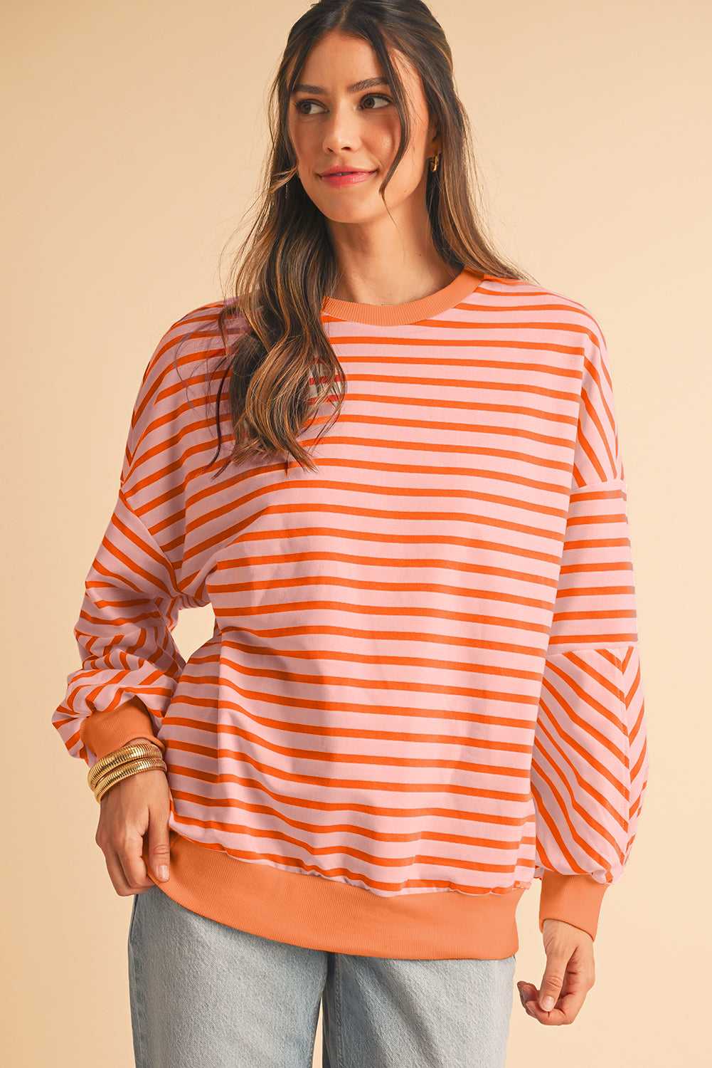 Russet Orange Drop Shoulder Crew Neck Loose Sweatshirt