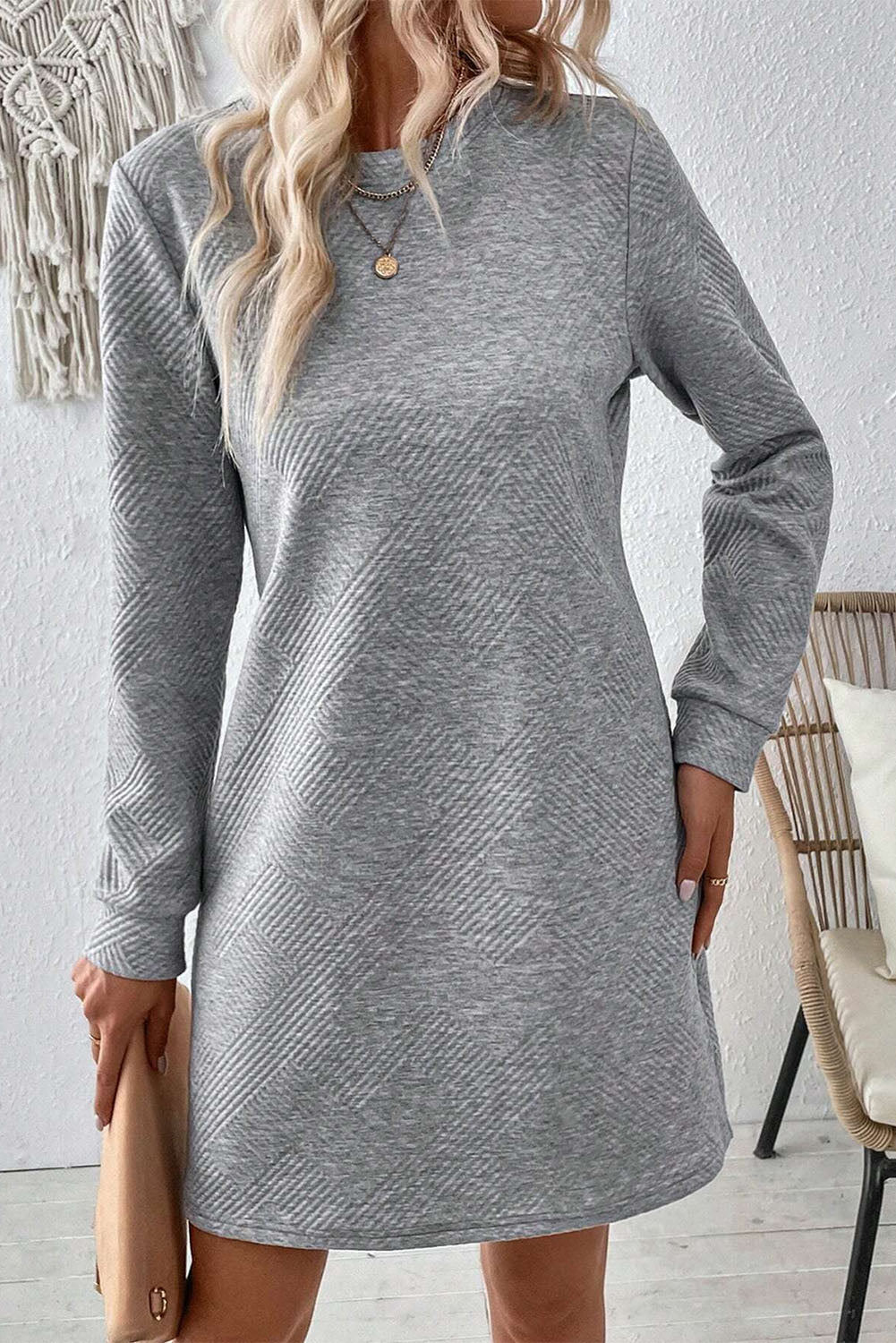 Black Plain Textured Long Sleeve Shift Short Dress