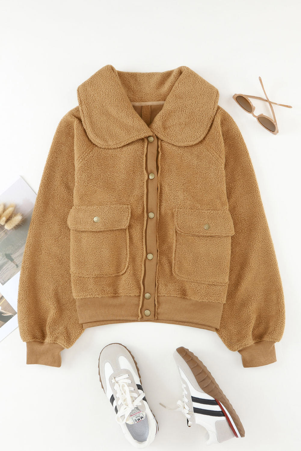 Brown Button Flap Pockets Collared Fleece Jacket