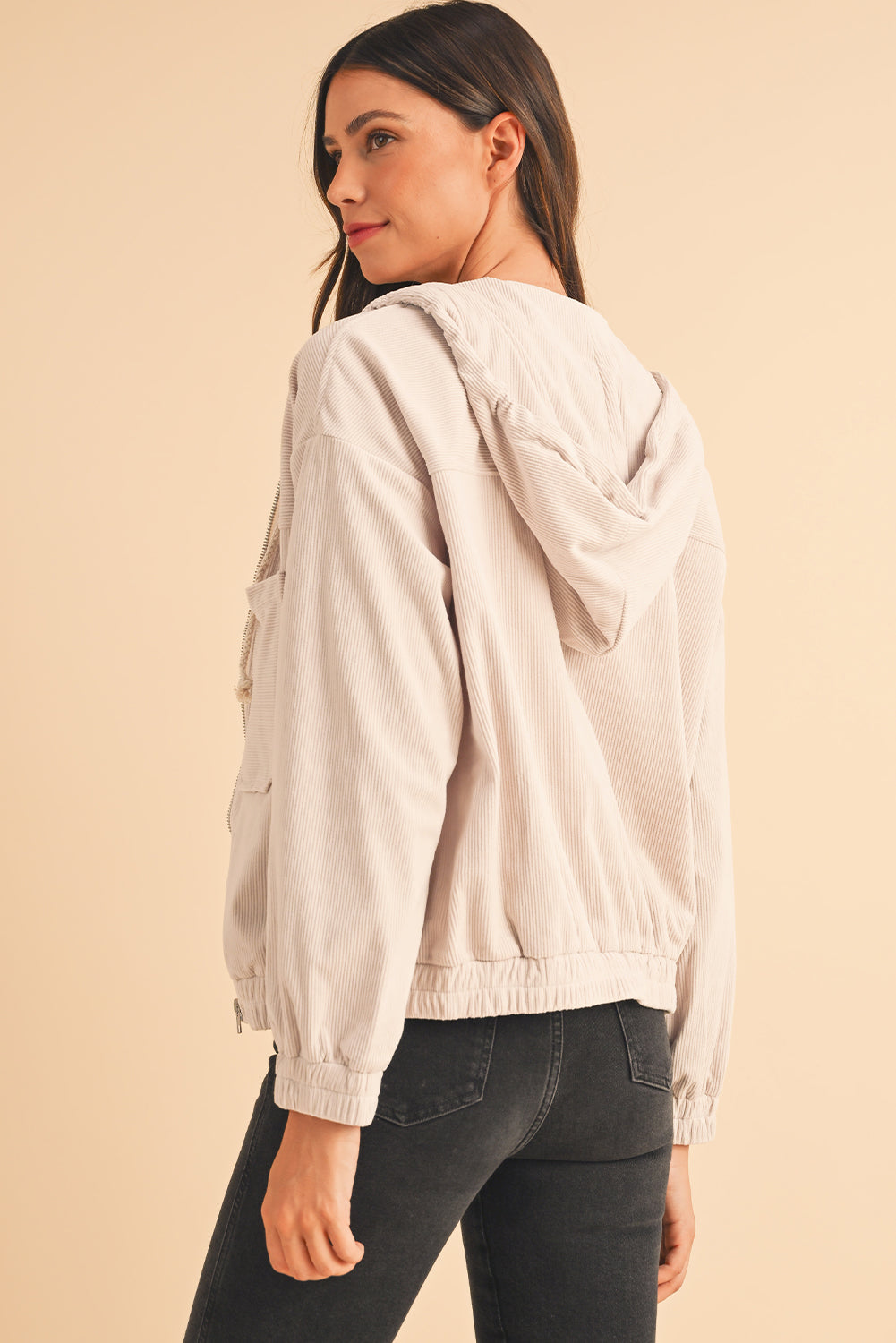 White Corduroy Drawstring Hooded Pocket Zip Up Jacket